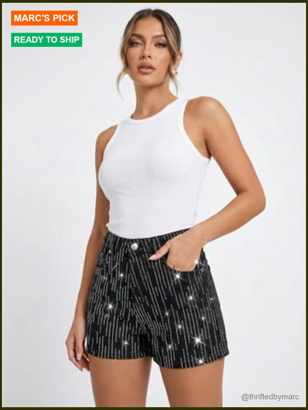 High Waisted Denim Shorts with Rhinestone Embellishments for Party Outfits - Picture 2 of 7